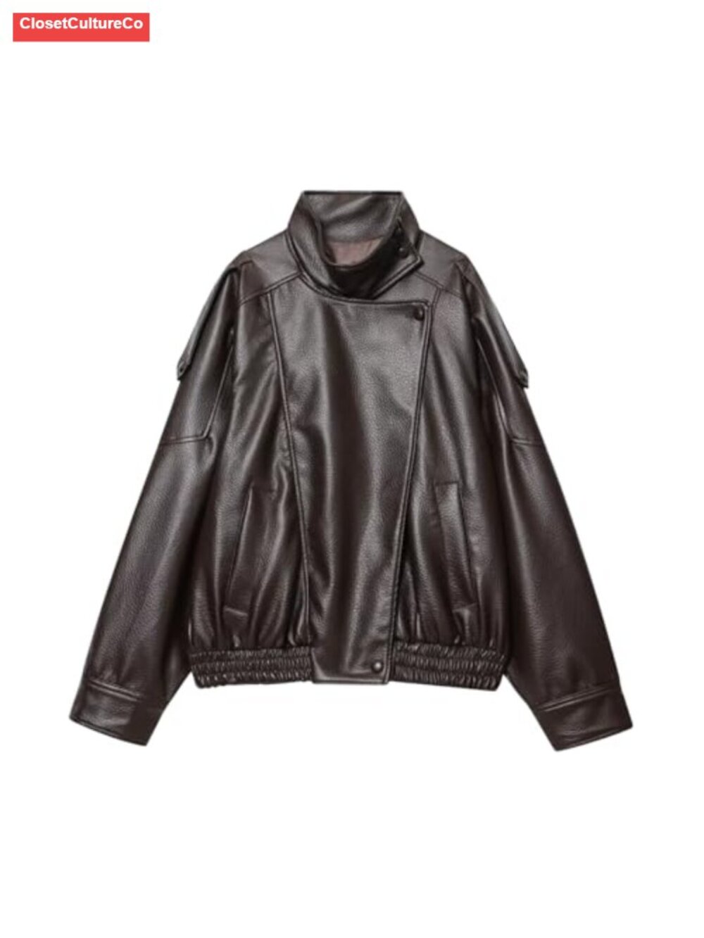 Oversized Faux Leather Jacket High Collar Moto Biker Zip Up Fall Coat